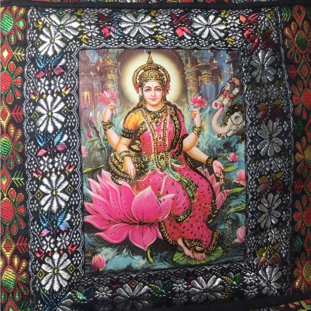 Lakshmi Hindu Goddess of Abundance Wealth Textile Wall Hanging Altar Tapestry